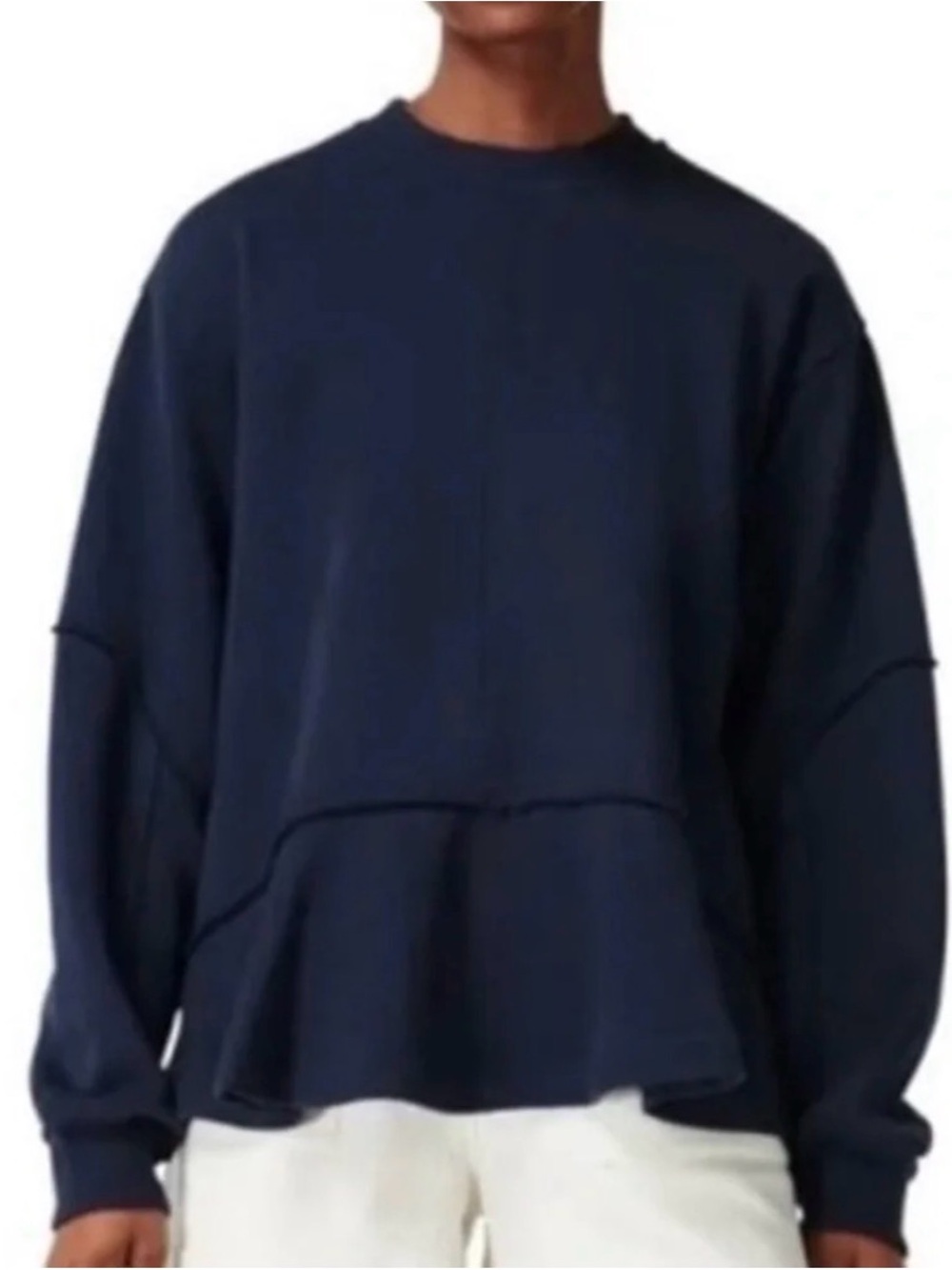 Sweaty Betty London After Class Sweatshirt Navy Blue SZ 6 Raw Seam Peplum Soft